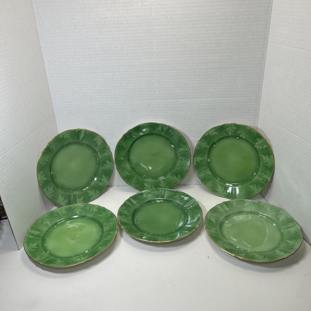Vtg Pickard China Dessert 7.5" Plates Hand Painted Green Leaves Gold Trim